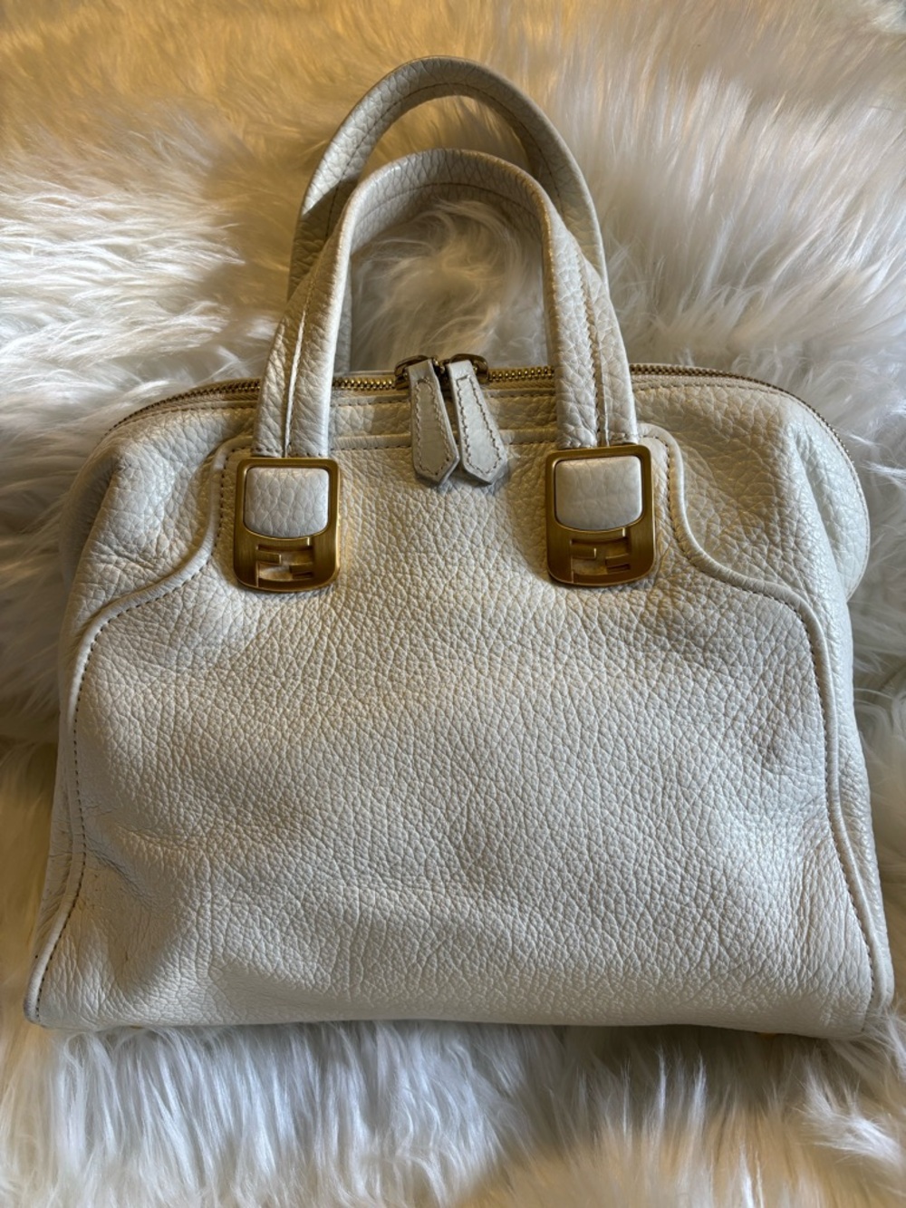 Fendi Chameleon White Leather Top-Handle Two-way with Gold Hardware